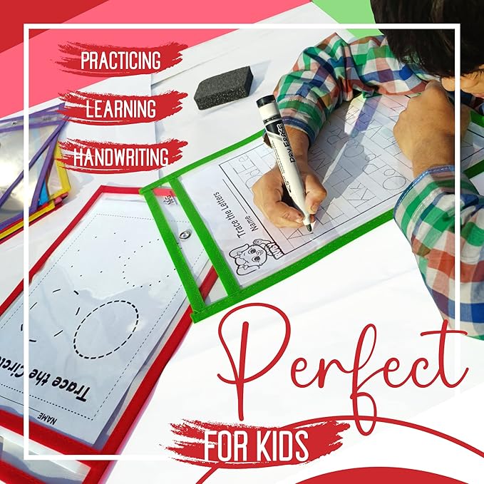 12 Packs Oversized Dry Erase Pockets Sleeves - 10 Assorted Colors with Binder Ring - Dry Erase Sheets Reusable - 10x14 Ticket Holders - Clear Plastic Sheet Protectors for Classroom Teacher Supplies