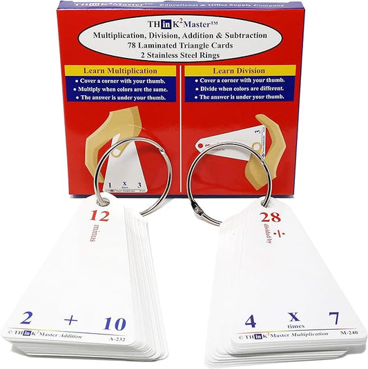 Think2Master Premium Laminated Multiplication Division Addition & Subtraction Triangle Flash Cards | 78 Dry Erasable Flashcards. Includes 2 Rings.