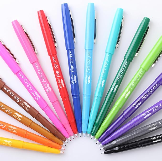 Mr. Pen- Felt Tip Pens, 16 Pack, 0.7 mm, Colorful Felt Tip Pens, Fast Dry, No Smear, Planner Markers for Underlining, Writing, Drawing, Journaling Supplies