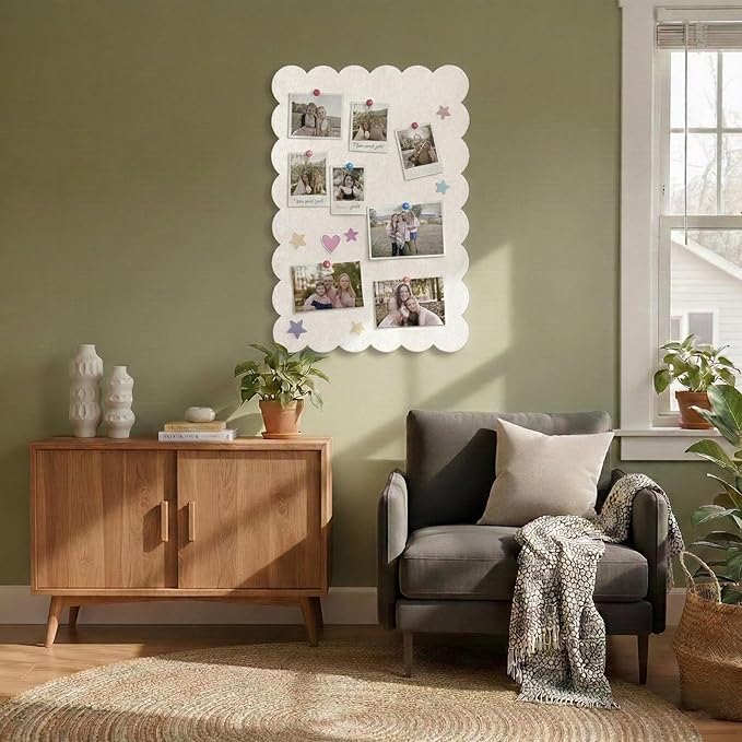 Scalloped Bulletin Board, 36x24 Scalloped Felt Bulletin Board, 3' by 2' Trifold Foldable Picture Display with 20 Pins & 5 Cute Decors - Beige