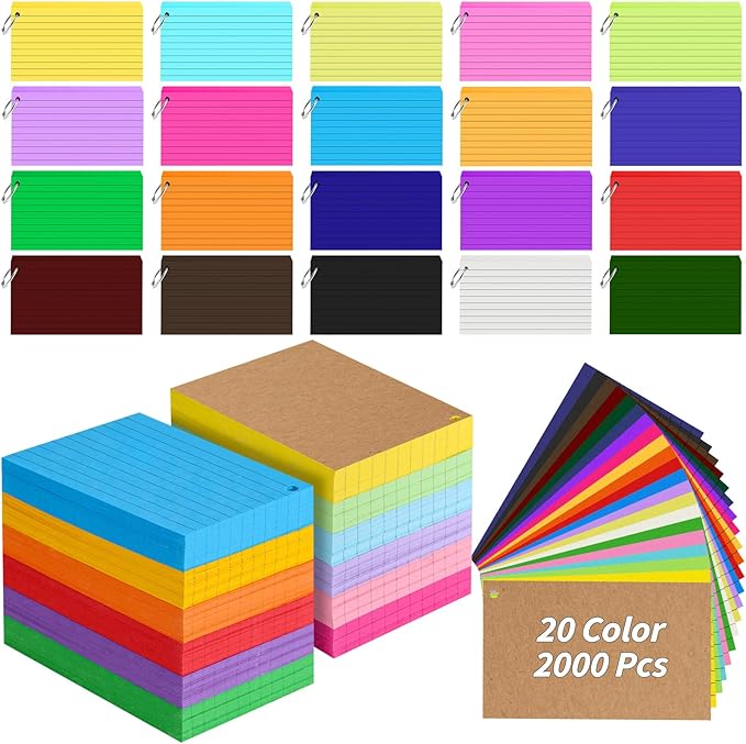 2000 PCS Colored Index Cards 3x5 In Flash Cards with Ring, 20 Colors Punched Lined Flashcards Ruled Index Cards Notecards Study Cards Heavy Note Card for Studying Office To Do List