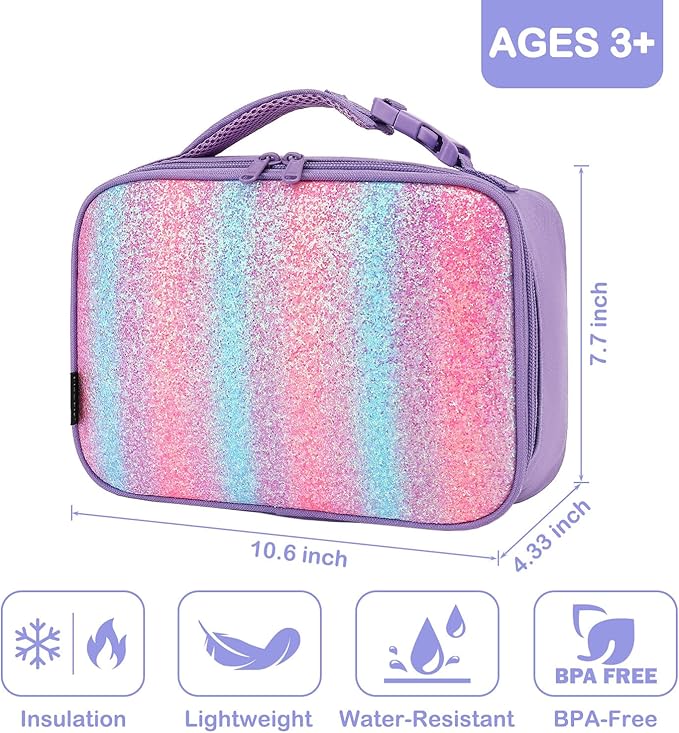 FlowFly Kids Lunch box Insulated Soft Bag Mini Cooler Back to School Thermal Meal Tote Kit for Girls, Boys,Purple#Glitter