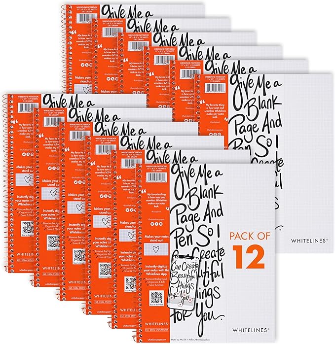 Whitelines Spiral Wire Bound Graph Ruled Notebooks, Premium 20# Gray Paper, 11" x 8.5" 70 Sheets, Makes Your Notes Stand Out and Links Them To The Digital World, Proudly Made in USA (Pack of 12)