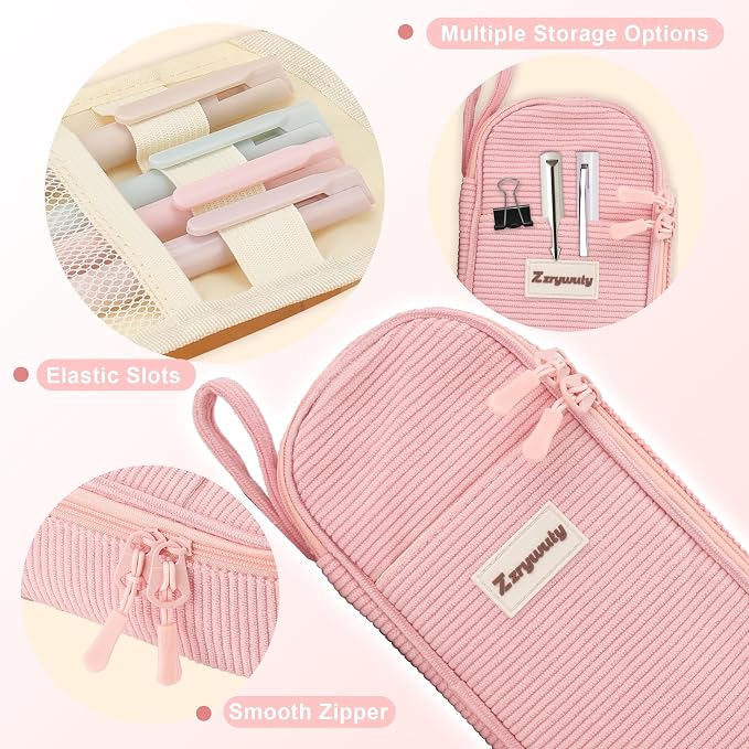 Zzrywuty Pink Aesthetic Pencil Case, Large Capacity Soft Corduroy Stationery Pouch with Handle, Wide Opening Cute Bag & Organizer for School Girls, Teens, Adults