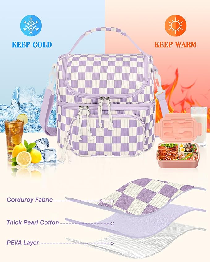 HowFly Lunch Bag for Women Insulated Lunch Boxes Corduroy Resuable Double Deck Lunch Box for Girls Teens Kigs Boys Portable Thermal Cooler Bags for School Work, Purple Checkered