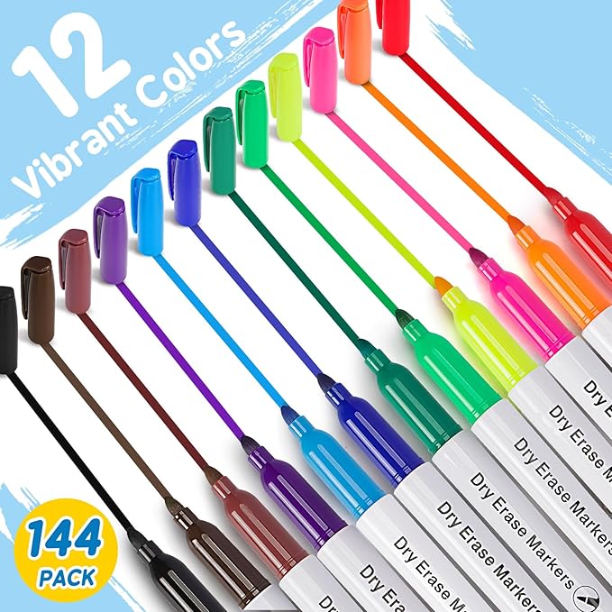 Duchong 144 Count Dry Erase Markers Bulk, 12 Assorted Colors, Fine Tip Whiteboard Markers for Kids Teachers, Dry Erase Pens Bulk Pack for Classroom Home, Back to School Supplies