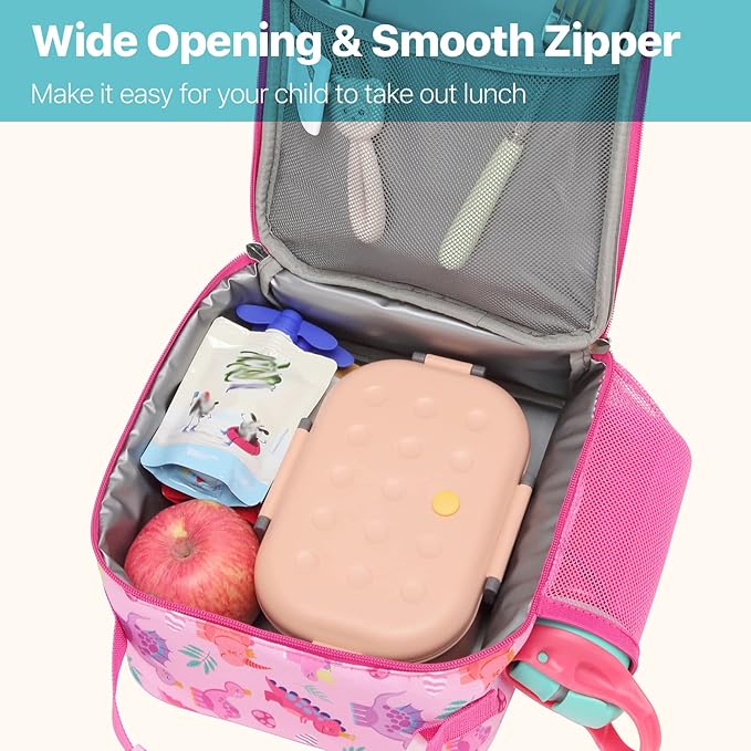 Bagseri Kids Lunch Box for Girls - Insulated Toddler Lunch Bag Fits Bento Box, Reusable Daycare Cooler Tote with Clip Handle, Water-Resistant Lining, Pink Dinosaur