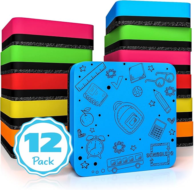 12 Pack Dry Erase Erasers Assorted Colors Magnetic Whiteboard Erasers for Kids and Students - Smudge Free Small Dry Erase for Classroom Home, School and Office