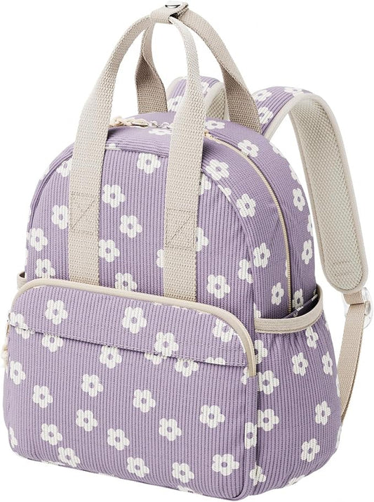 Corduroy Toddler Backpack for Preschool Boys Girls Ages 2-4 | 12 Inch Water-Resistant Small Kids Backpack for School & Travel, Lightweight Daycare Bookbag(Medium,Purple Floral)