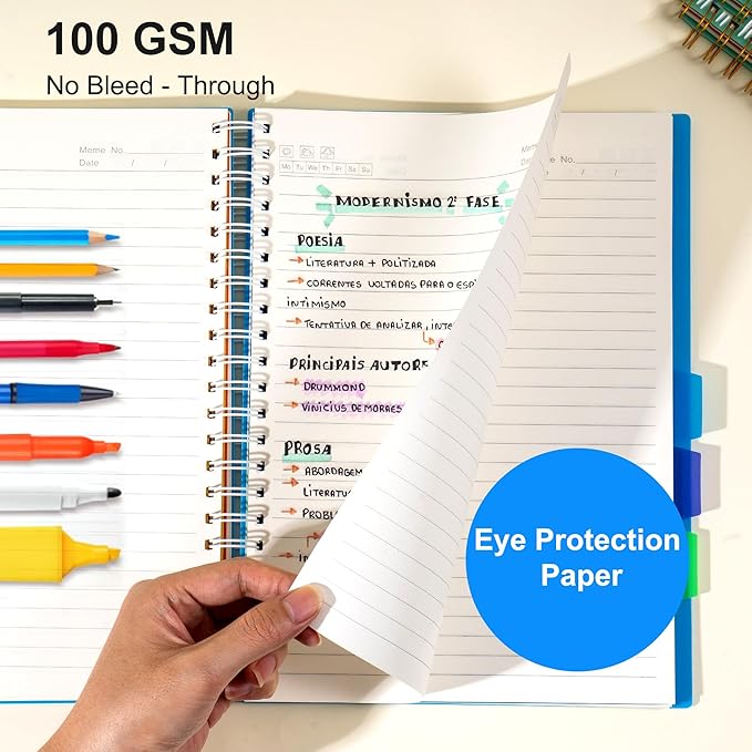 Yoment 5 Subject Notebook College Ruled Spiral Notebook 5x7 with Removable Dividers 270 Pages Notebooks for Work Multi Subject Notebook with 5 Tabs Organizer Notebooks for Note Taking School, A5 Blue