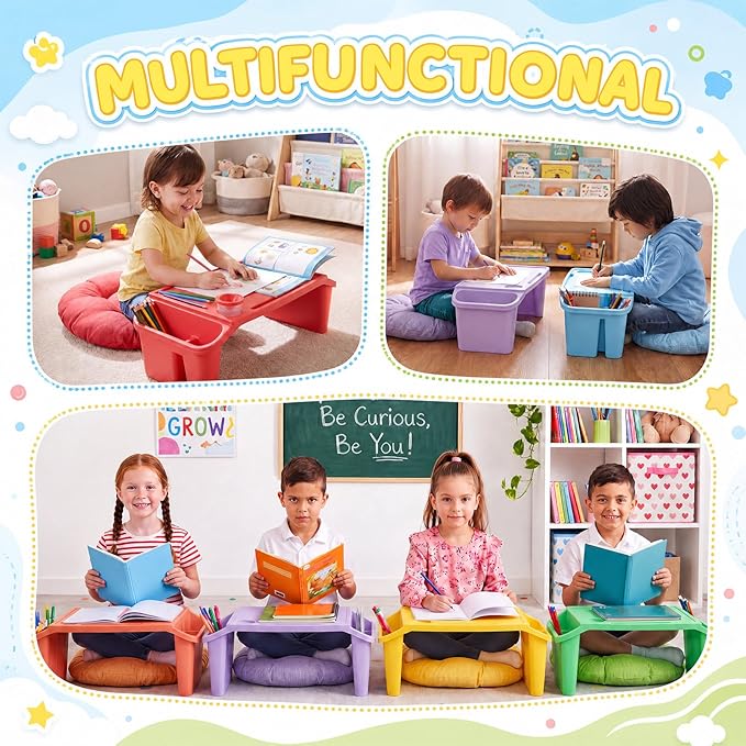 Supervitae 24 Pcs Kids' Lap Desk and Classroom Floor Cushions Set, Including Stackable Lap Tray 19.7 x 14.8 x 7.7'' & Floor Pillow 16'' for Classroom Kindergarten Daycare Nursery (Multicolor)