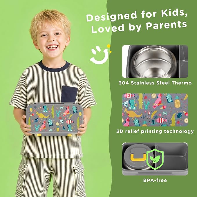 Bento Lunch Box for Kids With 8oz Food Thermo,BPA-Free for School | Lunch Container with 2 Compartments, Insulated Food Jar, Dishwasher Safe, Easy to Clean, Lunch Box for Girls Boys