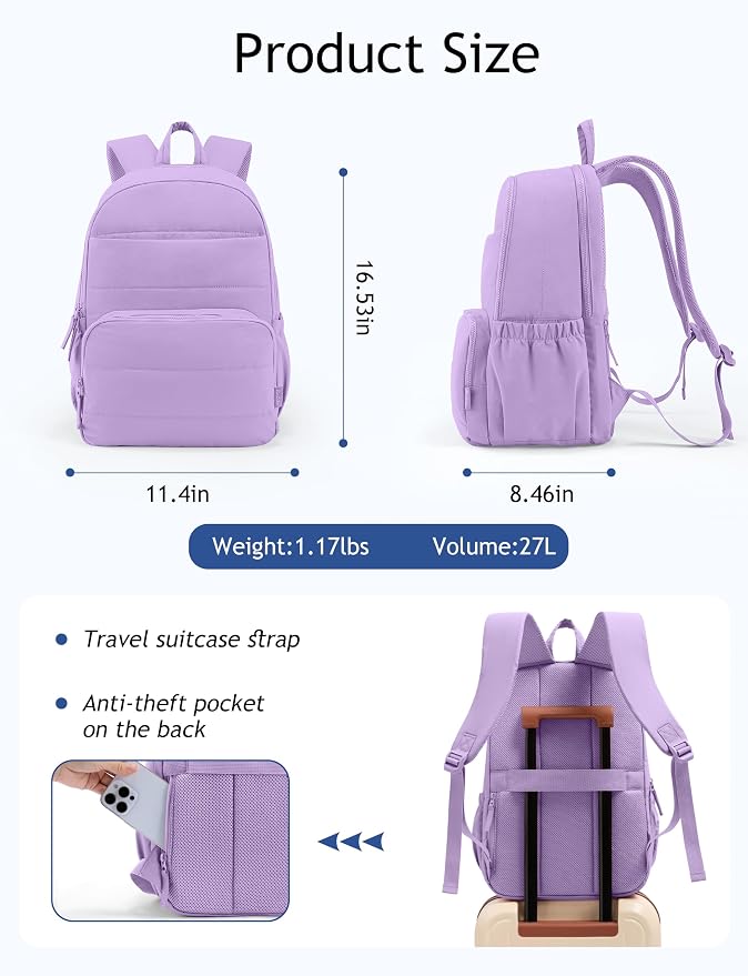Uselike Travel Backpack for Women, 15.6 Inch Laptop Backpack, Quilted College Bookbag, Cute Work Backpacks, Water Resistant (Lavender Purple)