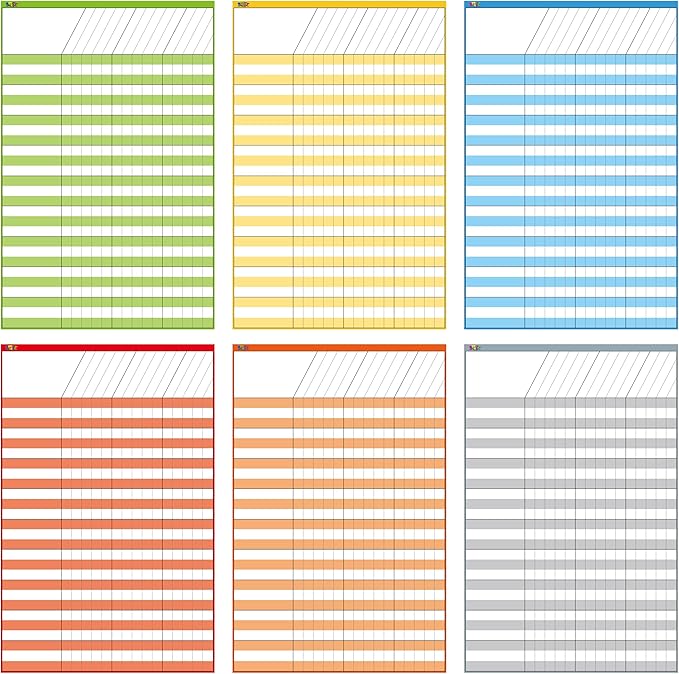 6 Pack Dry Erase Incentive Chart, 6 Multi-Color Tracking Chart for Chore/Responsibility/School Attendance/Homework Progress Tracking, 27 Rows X 15 Columns (11" x 17")