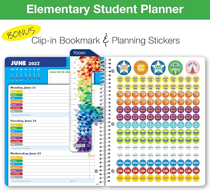 Global Datebooks 2026-2027 Elementary Student Planner 8.5" x 11" - Dated Weekly & Monthly Academic Planner with Ruler/Bookmark & Stickers, Ideal for Homework, Block Style, Paint Splatter