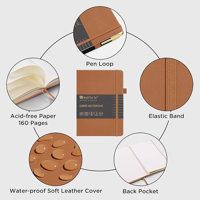&And Per Se Lined Journal and Pen Set, A5 Leather Hardcover Notebook with Pen & Stationary Set, 160 Pages 100GSM Thick Ruled Paper Journal for Business Work Writing (Light Brown)