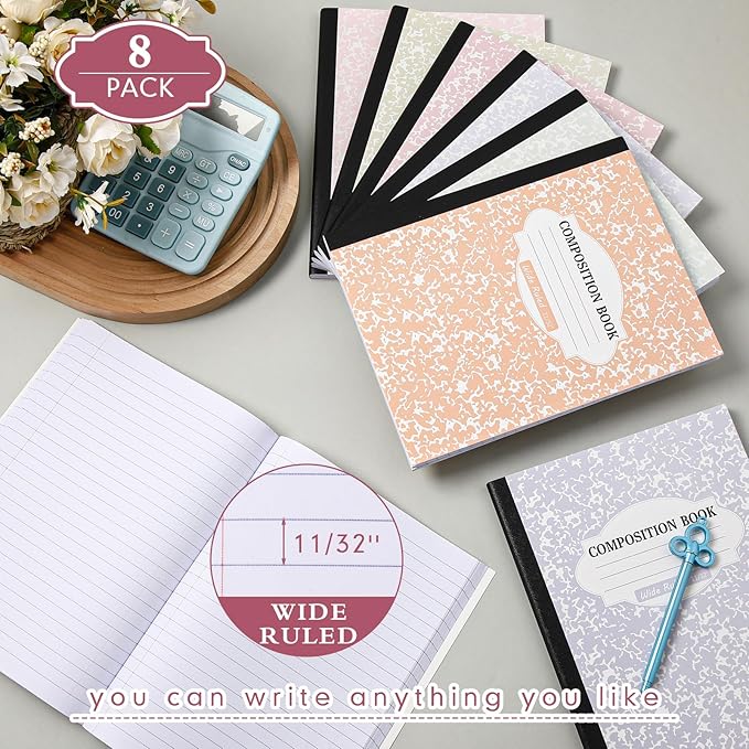 Colarr 8 Pack Composition Notebook 9.75 x 7.5 Inch Wide Ruled Marble Paper Composition Books Assorted Fun Colors Office School Notebook, Hard Cover, Sturdy Sewn Binding (Pastel Color)
