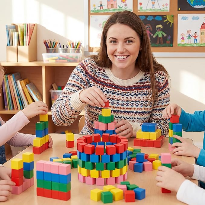 Deekin 100 Pcs Wooden Cube Blocks Bulk 5 Color Geometric Solid Mini 3D Shape 0.7 Inch Math Teaching Building Stacking Block for Classroom Learning Block Creative Play DIY Craft