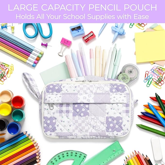 WOBAGMEN Quilted Pencil Pouch for Girls Women, Large Pencil Case Pouch with Compartments Cute Aesthetic Pencil Case Organizer, Floral Pencil Bag for School Supplies (Purple Checked Patchwoek)