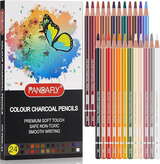 PANDAFLY Professional Colored Charcoal Pencils Drawing Set, Skin Tone Colored Pencils, Pastel Chalk Pencils for Sketching, Shading, Coloring, Layering & Blending, 24 Colors