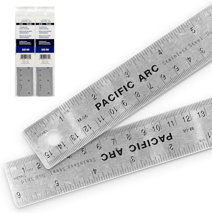 2 Pack | Pacific Arc Stainless Steel 6 Inch Metal Ruler Non-Slip Cork Back, with Inch and Metric Graduations