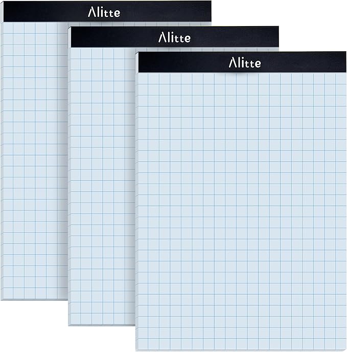 Alitte Graph Paper Pad, Pack of 3, White Letter Size - 2x2 Quad Grid Paper, Easy-Tear Perforations, 8.5 x 11 Cardboard Backing - Graph Notepads for School, Office -50 Sheets per Pad