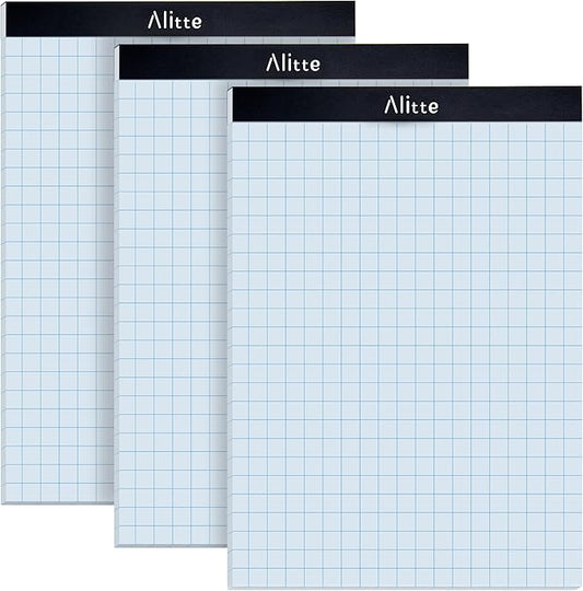 Alitte Graph Paper Pad, Pack of 3, White Letter Size - 2x2 Quad Grid Paper, Easy-Tear Perforations, 8.5 x 11 Cardboard Backing - Graph Notepads for School, Office -50 Sheets per Pad