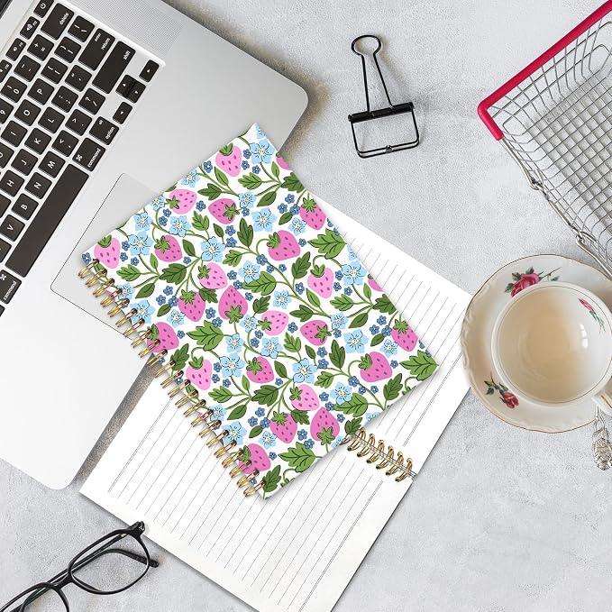 UTELKA Pink Strawberry Spiral Notebook Strawberry Journal Notebook 5.5x8.3, Rustic Blue Flroal Cottagecore Cute Notebook Journal for Office Work Books for Student Strawberries School Supplies