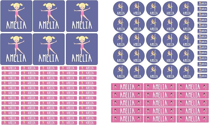 Andaz Press Custom Personalized Waterproof School Name Labels, Gymnastics, 120-Pack, Kids Labels Combo Pack, Customizable Multi-Use Name Stickers for Preschool, Daycare, Supplies, Office, Camping