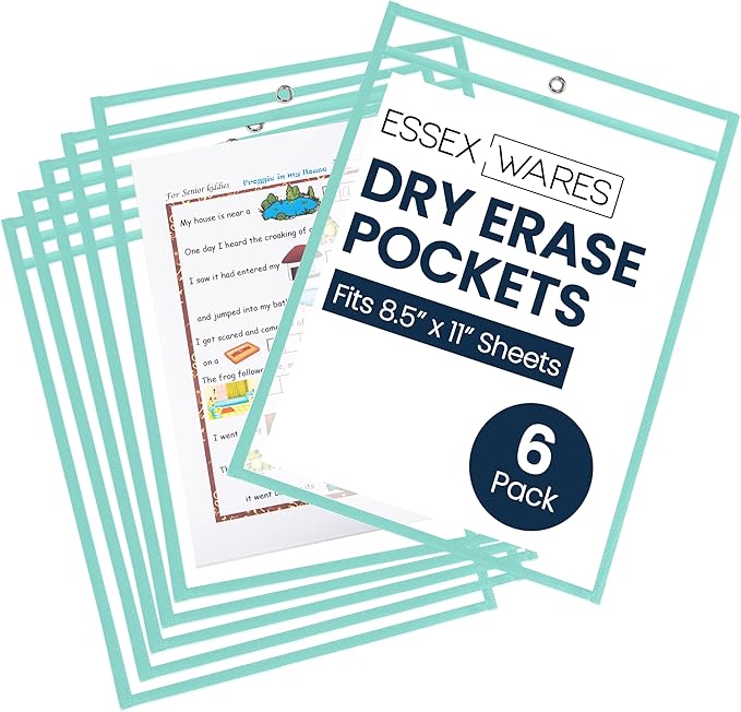 Essex Wares - 6 Pack, Seafoam, Durable Water-Resistant Dry Erase Pocket Document Protectors, 10" Wide x 13.5" Tall - Dry Erase Clear Plastic Sleeves - Reusable & Easy Erase Plastic Invoice Holders