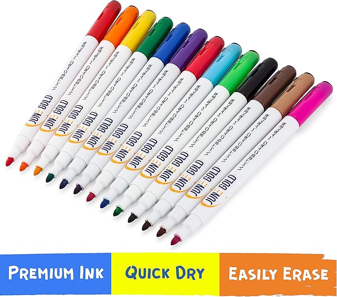 June Gold 32 Assorted Colored Dry Erase Whiteboard Markers, Fine/Bullet Tip, 2 sets of 13 Unique Colors With 8 Black Markers, Low Odor, Slim Barrel & Vivid Lines