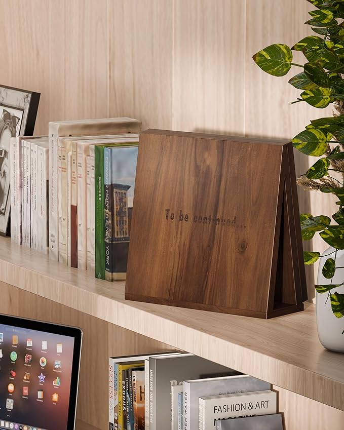 Triangle Book Holder, Book Rest, Acacia Foldable Book Nook Reading Valet, Triangle Book Stand with Cup, Pen, Glasses and Phone Holder for Bedroom, Nightstand or Office, Gifts for Book Lover (Walnut)