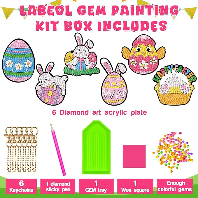 Labeol Arts and Crafts for Kids Ages 8-12 - Creat Your Own GEM Keychains-5D Diamond Art by Numbers GEM Art Kits for Kids Girls Toddler Crafts Age 6-7 6-8 10-12 (Easter)