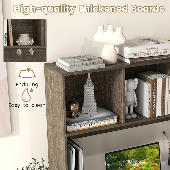 Giantex Desktop Bookshelf, Countertop Storage Hutch with 4 Shelves for Computer Desk, Dressing Tabletop Display Rack, Multipurpose Desk Hutch Storage Organizer for Home Office Dorm (Grey Oak)