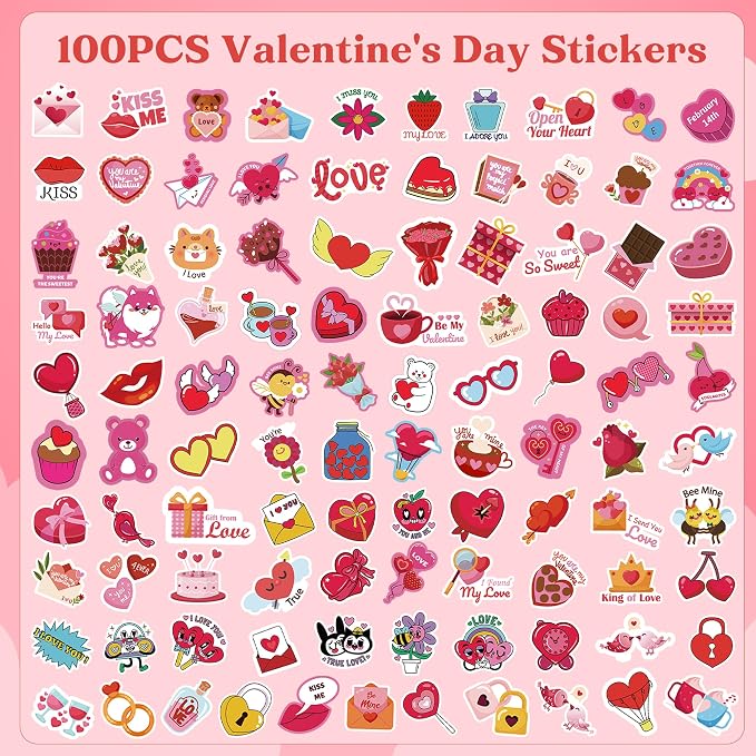 OHOME Valentines Stickers - 100 PCS Heart Stickers for Kids Classroom School - Valentines Day Crafts Gifts Treats Decor Cards Scrapbooking Decorations Supplies - Valentine's Party Favors