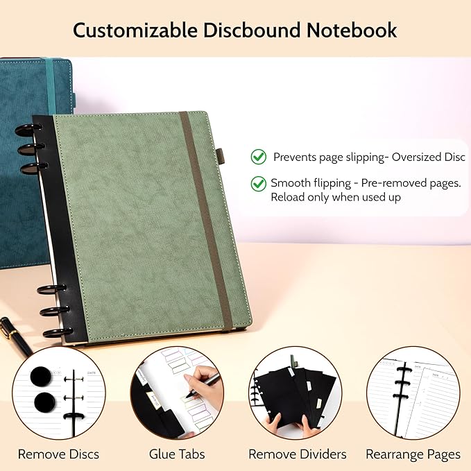 Yoment Refillable Notebooks for Work 5 Subject with Removable Dividers Tabs 240 Pages Hardcover Leather Journals for Writing Large Discbound Planner Colleged Ruled Paper for Women Men 8.58 x 11,Green