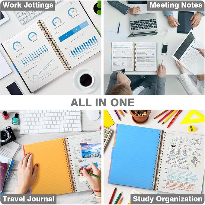 5 Subject Notebooks College Ruled, Spiral Lined Notebook with Removable Dividers, 300 Pages 100GSM Thick Spiral Writing Journal for Women & Men, Large A5 Notebooks for Work, School Supplies, 6" x 8"