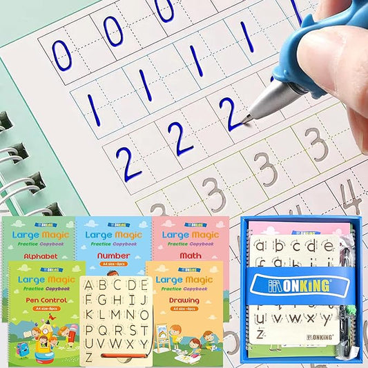 Large Handwriting Magic Grooved Practice Copybook Set: 5-Pack with Wooden Alphabet Tracing Board, Reusable Letter Learning Kit for Kid Age 3-8, Ideal for Kindergarten and Preschool Calligraphy Control