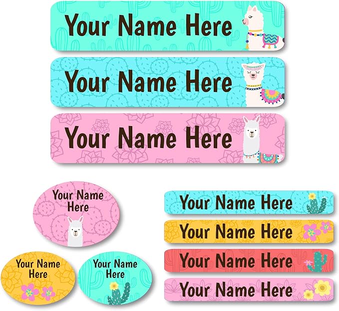 Lovable Labels Personalized Labels for Kids (85 Labels/Pack) - 3 Label Sizes Waterproof Dishwasher Safe Peel & Stick Labels for School Supplies Daycare Camp Clothing Bottles (Drama Llama)