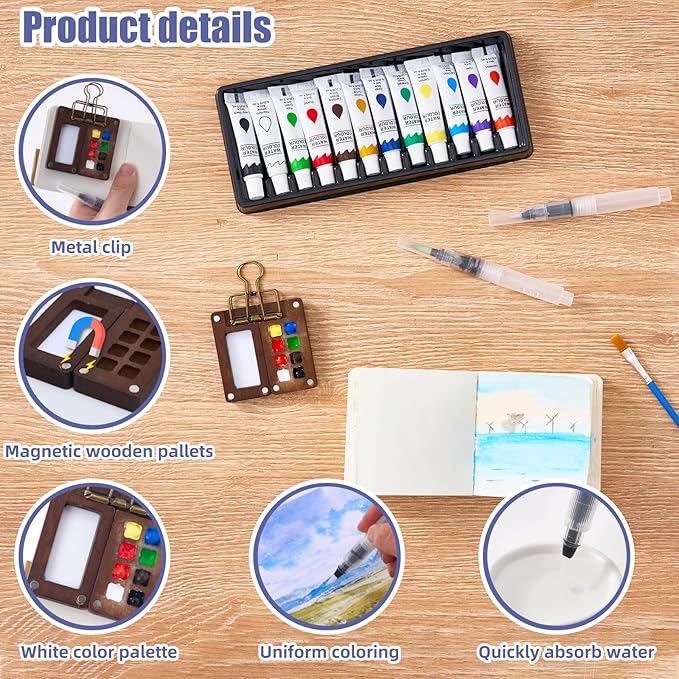 Mini Watercolor Set - 4 Brush, 2 Sketchbook & Portable Watercolor Kit for Travel, Pocket Painting Kit - Compact Design for Artists and Creative Sketching