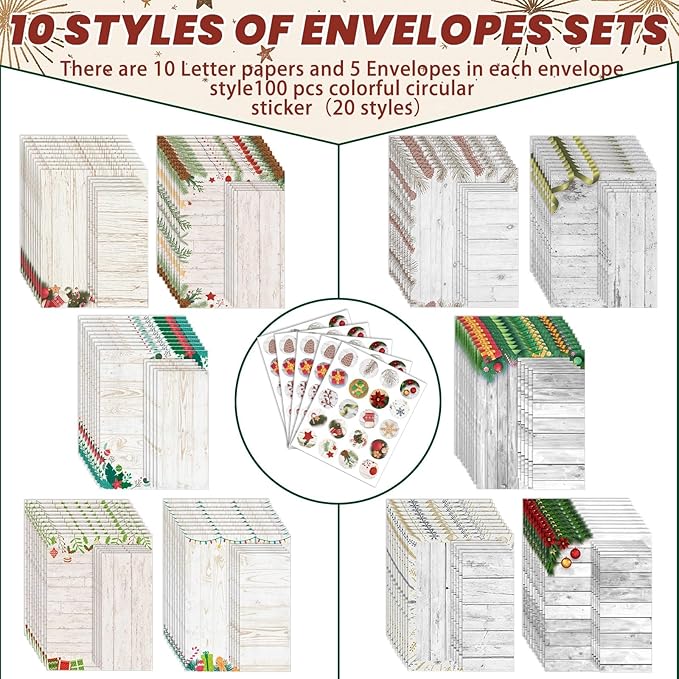 250Pcs Stationery Paper and Envelope Set with 100 Letterhead Papers and 50 Envelopes, 10 Design for Letter Writing Invitations Computer Holidays Party Notes, 8.5x11 Inch-Wood Grain