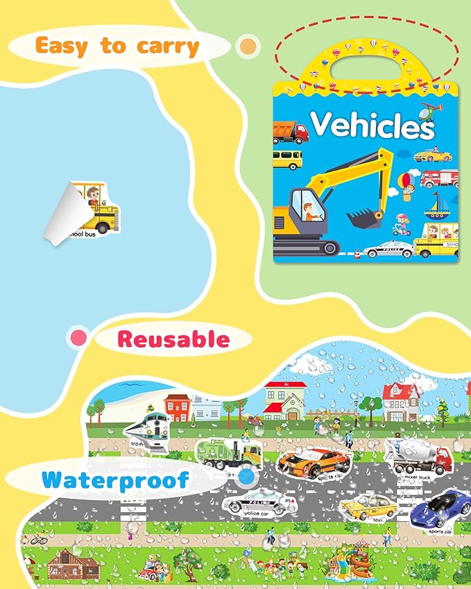 Benresive Reusable Sticker Book for Toddlers, Travel Stickers for Kids, Toddler Crafts Activities Toys, Birthday Gifts for Boys & Girls - Vehicle
