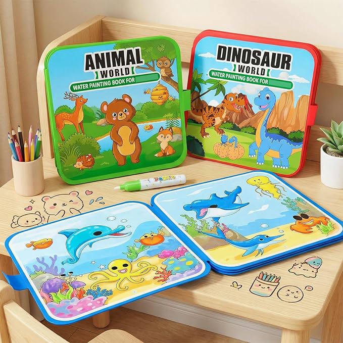 Bafeil 4 Pack Reusable Water Coloring Book Set with Water Pens and Canvas Bag, No Mess Water Painting Books, Animal Ocean Dinosaur Themes, Travel Coloring Activity