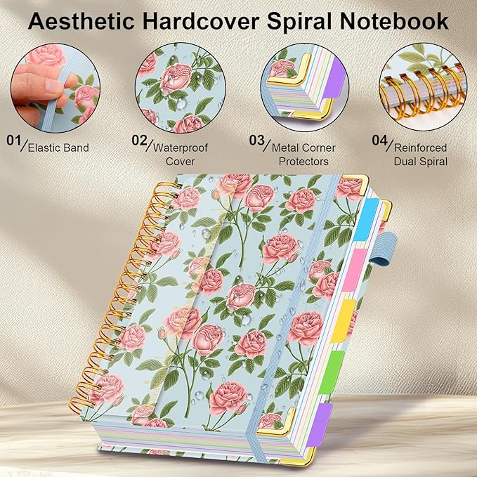 Spiral Journal Notebooks for Work, 300 Pages 5 Subject Notebook College Ruled with Dividers & Tabs, 8''x 10'' Large Notebook Journal for Women Students Note-Taking and Organizer (Blushing Rose)