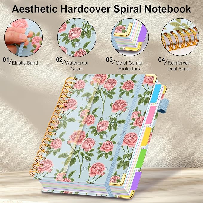 Spiral Journal Notebooks for Work, 300 Pages 5 Subject Notebook College Ruled with Dividers & Tabs, A5 Notebook Journal for Women Students Note-Taking and Organizer (Blushing Rose)