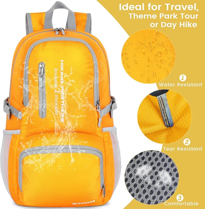 ZOMAKE Lightweight Packable Backpack - 35L Light Foldable Hiking Backpacks Water Resistant Collapsible Daypack for Travel(Yellow New) | Light Hiking Backpacks Water Resistant Collapsible Day Pack for Travel, Everyday Carry, Multi-Pocket Layout, Heavy D...
