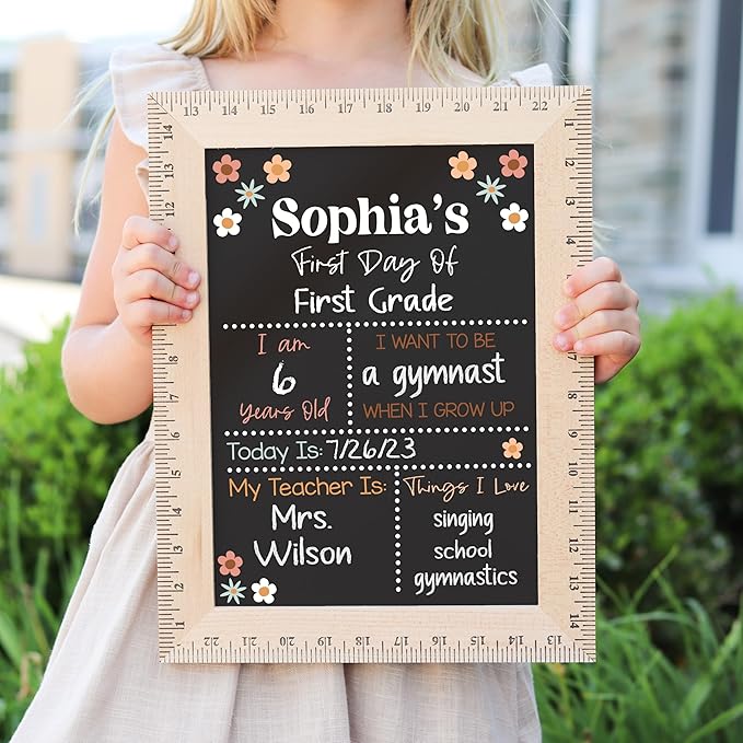 Bloom Owl First Day of School Chalkboard Sign - 11.5"x15" Reusable Back to School Photo Prop with Wooden Ruler Frame for Preschool, Kindergarten, and Beyond (Earthy Flowers)