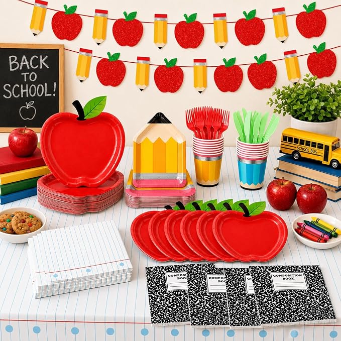 QIYANPAX 122Pcs Back to School Decorations Includes Apple Plates, Pencil Plates, Napkins, Forks, Cups, Banner and Tablecloth for First Day of School Decorations, Serves 24