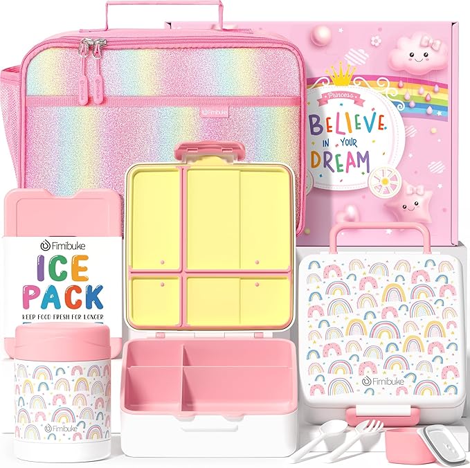 Fimibuke Kids Bento Snack Lunch Box with 4 Compartment, Insulated Lunch Bag, Stainless Steel Vacuum Thermo Food Jar, Ice Pack, Utensils Set, Birthday Gifts for Age 3-12 Back to School Toddler Girl Boy