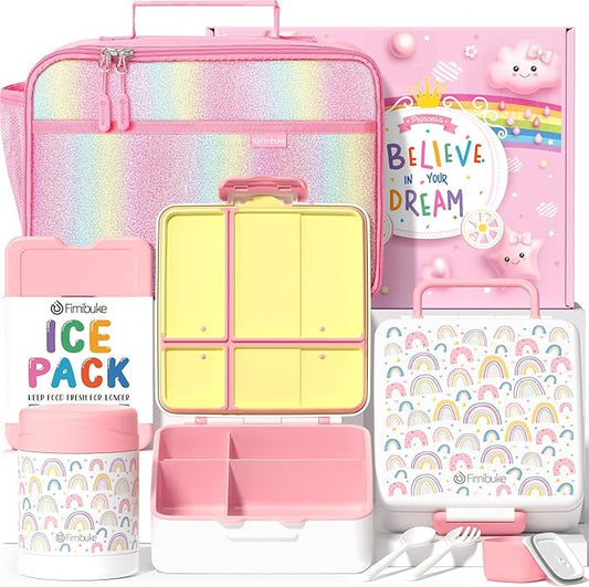 Fimibuke Kids Bento Snack Lunch Box with 4 Compartment, Insulated Lunch Bag, Stainless Steel Vacuum Thermo Food Jar, Ice Pack, Utensils Set, Birthday Gifts for Age 3-12 Back to School Toddler Girl Boy